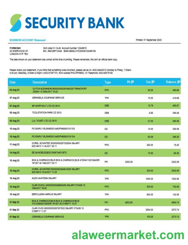 Security Bank firm account statement Word and PDF template